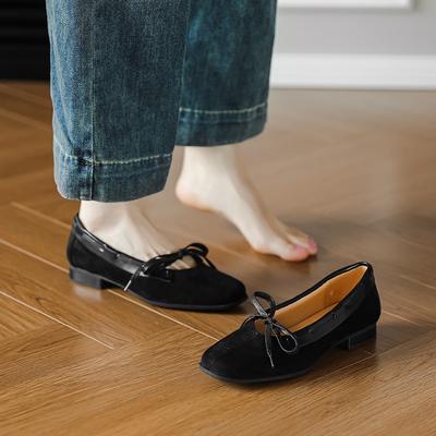 Ретро замшевые туфли Мэри Джейн в британском стиле, балетки с бантом, туфли-лодочки с мелким вырезом, квадратным носком и на плоской подошве