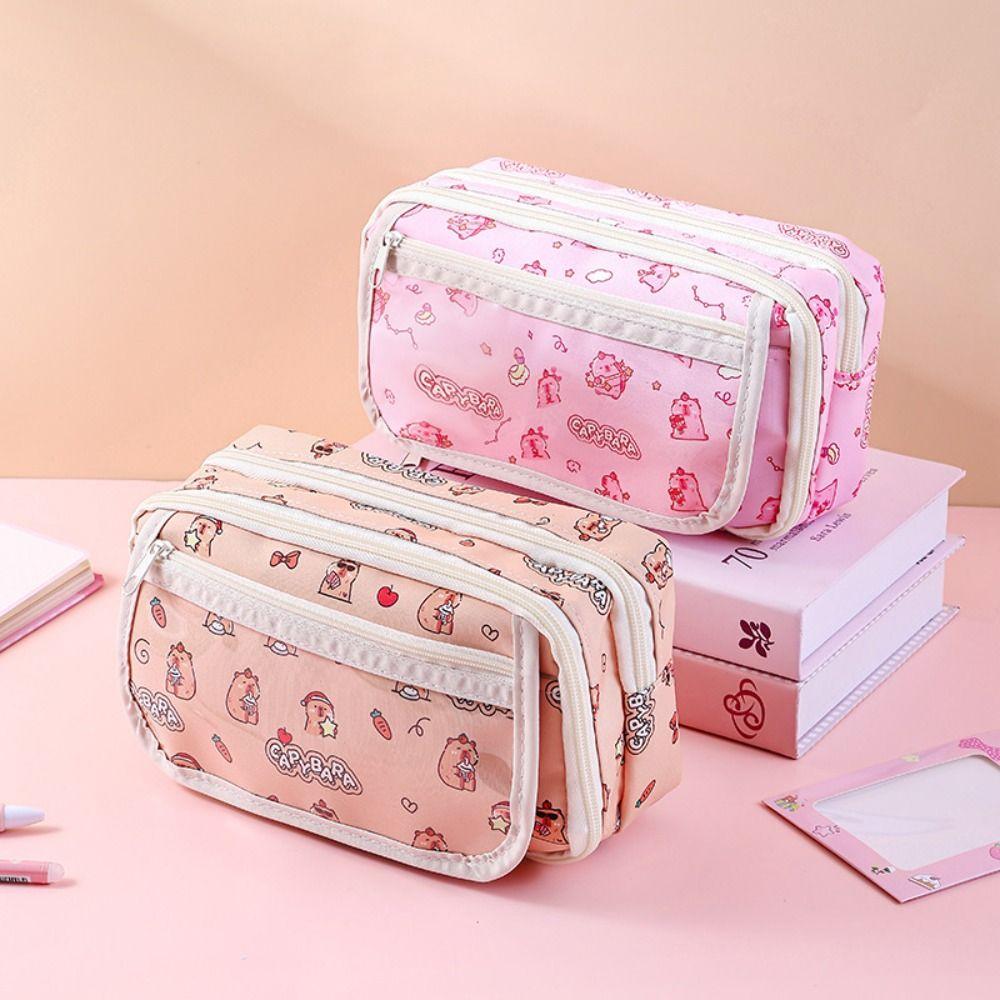 Canvas Cartoon Pencil Cases Large Capacity Stationery Bag Portable Capybara Pen Bag  Students Gift