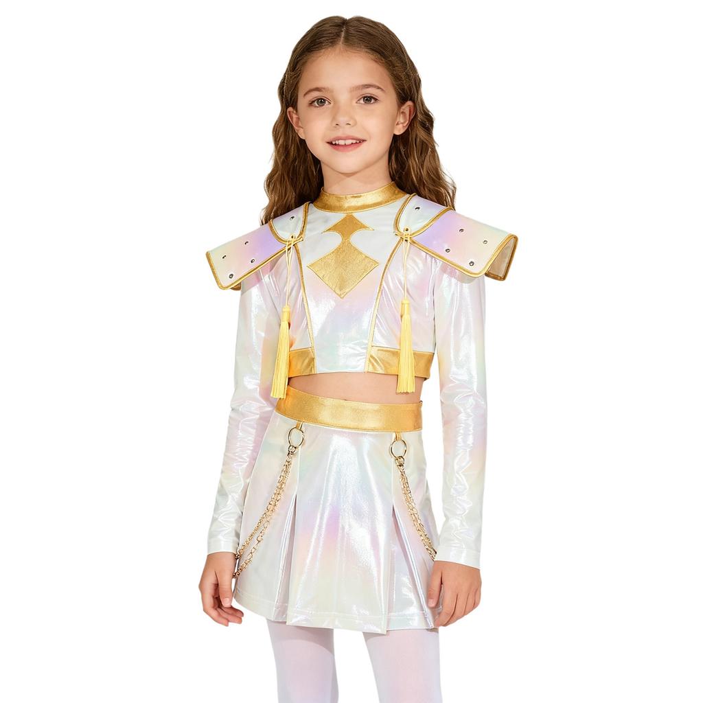 Детский Костюм Охотницы Косплей Хэллоуин Певица Демон Переливающийся Блестящий Кроп-Топ Отделка Пайетками Верхняя Одежда Поясная Цепочка Шорты