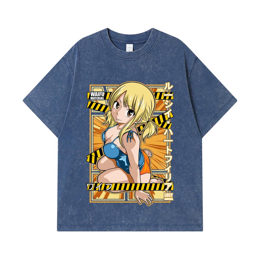 275 GSM Washed T-shirts 100% Cotton Fairy Tail V1 Lucy Waifu Print Unisex Heavy Cotton T Shirt