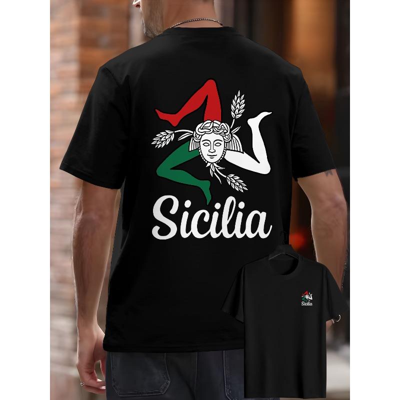 European Size Men's Sicily-Themed Summer T-Shirt - Short Sleeve Casual Round Neck with Back Print Sicilia Design, Iconic Landmarks