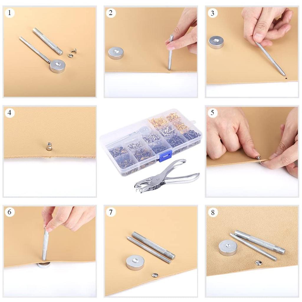 360 Sets 3 Sizes Leather Rivets Double Cap Rivet Tubular Metal Studs with 4 Fixing Set Tools for