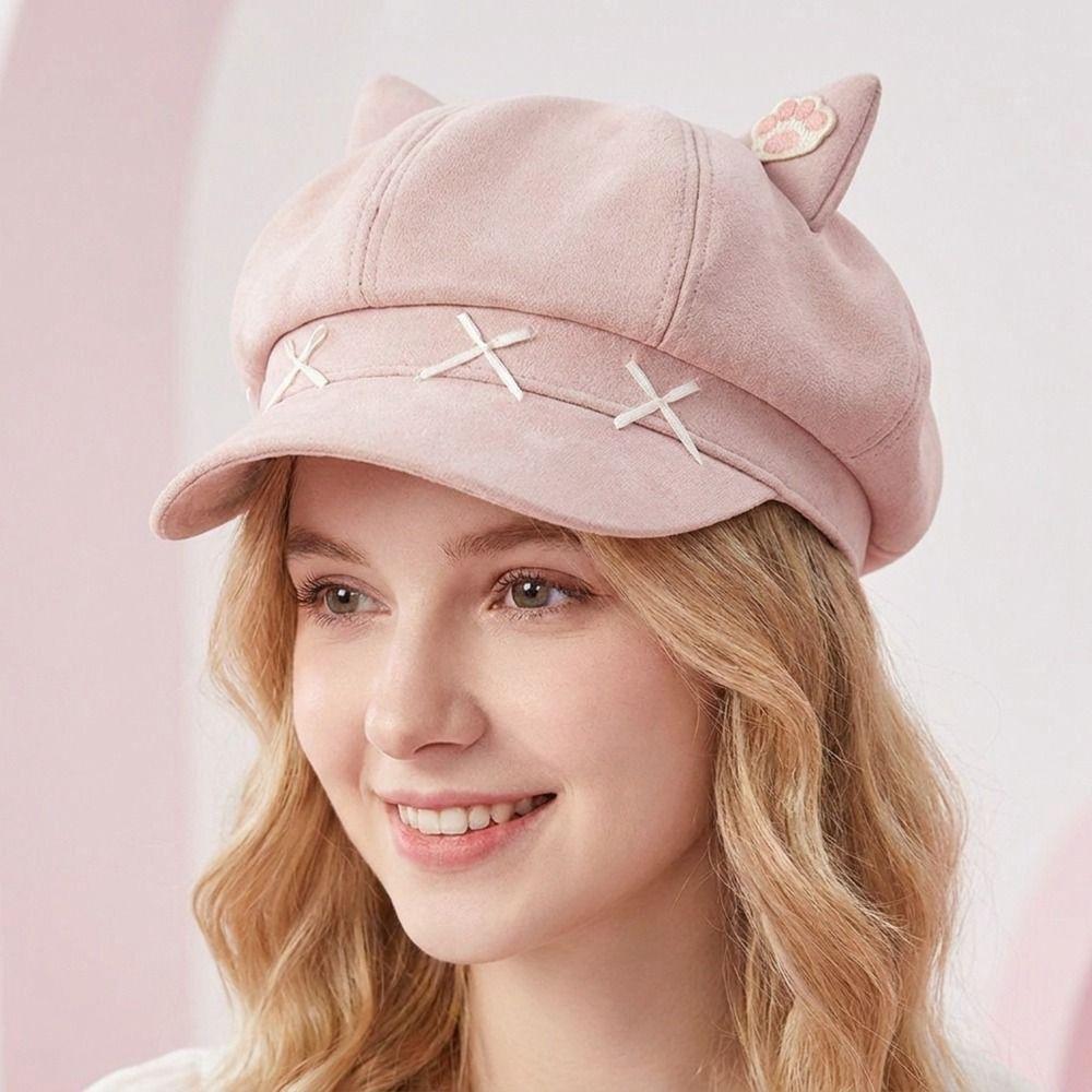 Y2K Cat Ears Beret Embroidery Newsboy Hat Casual Painter Artist Cap Daily