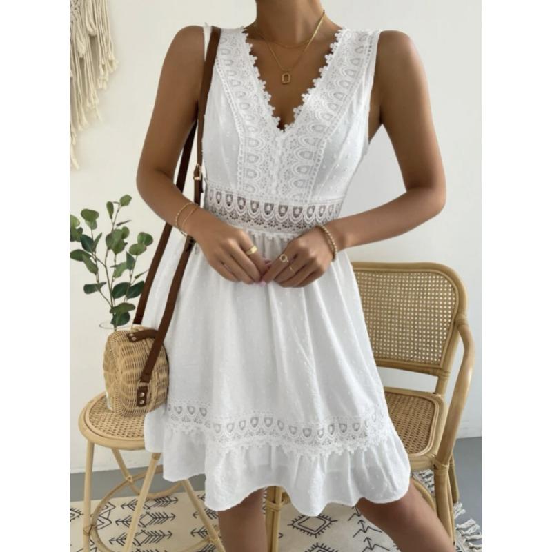 Fashion V-Neck Women Lace Splicing Summer Dress Sexy Backless Casual Elegant A-line Party Short Dresses Female Loose Simple Women's Clothing