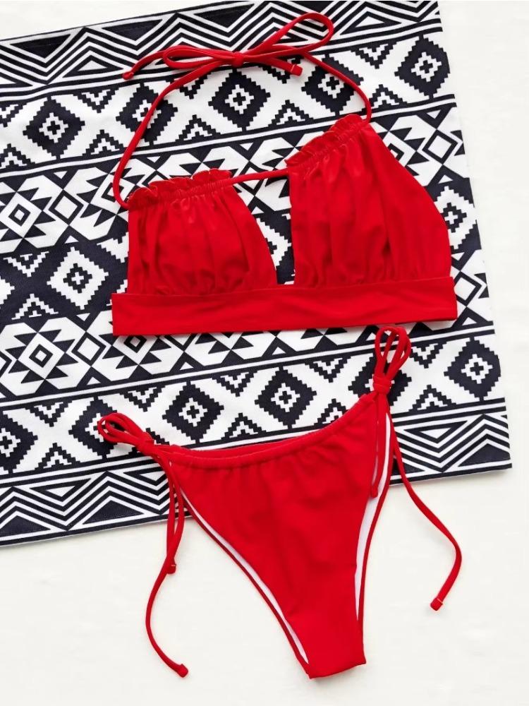 Бикини сексуальный красный купальник женский ажурный плиссированный купальник с открытой спиной бикини комплект купальный костюм пляжный бикини женский новый