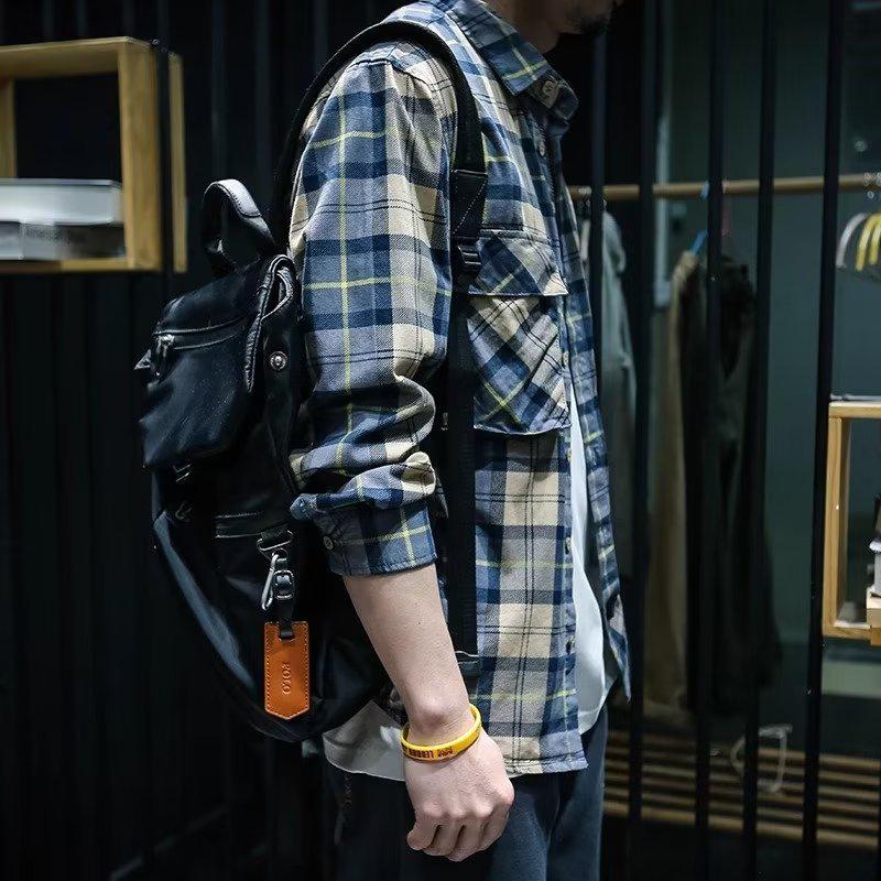 Мужская повседневная рубашка в клетку с длинным рукавом — молодежная мода в японском и гонконгском стиле