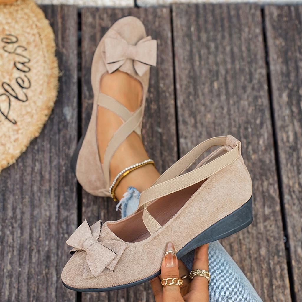 2025 New Fashion Suede Bow Cross Elastic Band Wedge Heel Large Size Single Shoes Women's Breathable Versatile