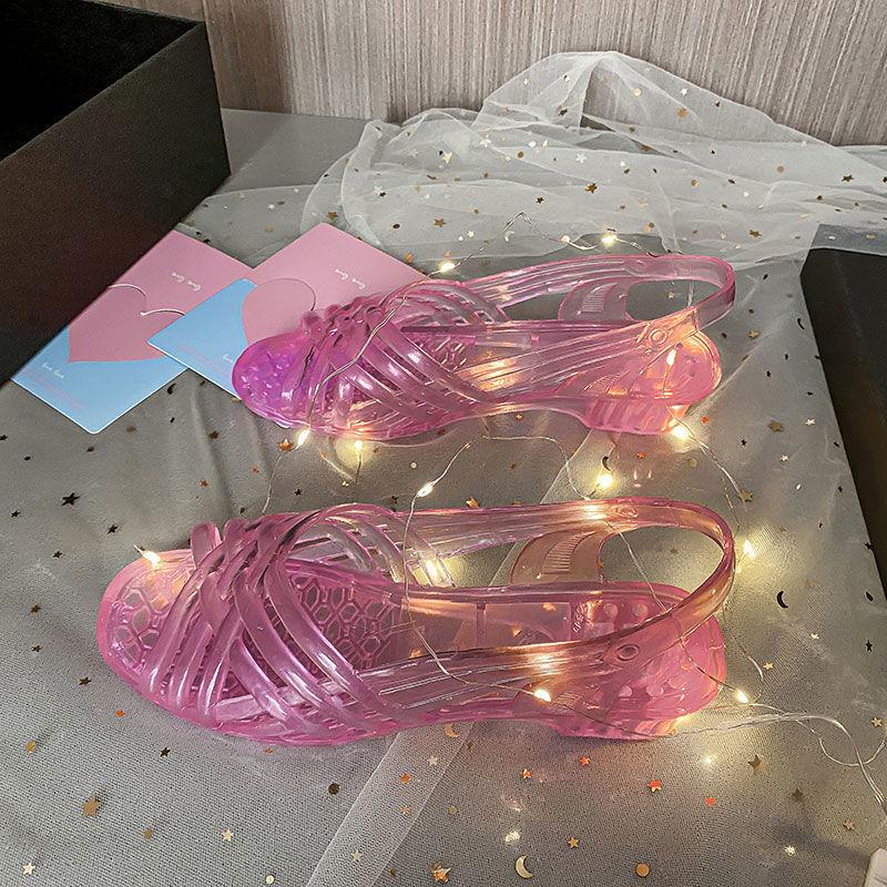 Sandals for Women with Low Heels Footwear Plastic Ladies Shoes Crystal Summer 2024 Outdoor Jelly Pvc Trend Korea On Offer Casual