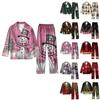 Women's 2 Piece Printed Suit Long Sleeve Button Up Top Wide Leg Pants Suit Set Pajamas Home Casual Suit