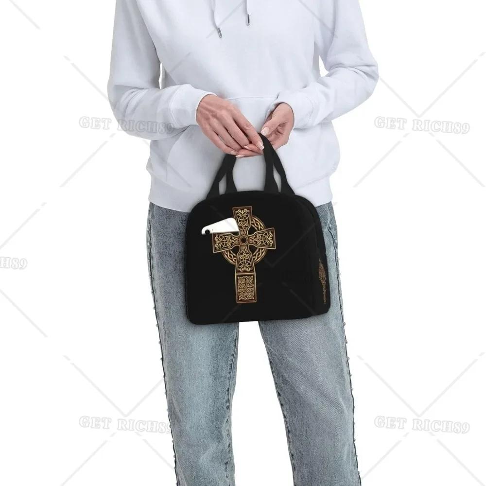 Портативная сумка для ланча Irish Cross из алюминиевой фольги с утолщенной изоляцией черного цвета для женщин и мужчин, многоразовая коробка с карманом для работы в офисе