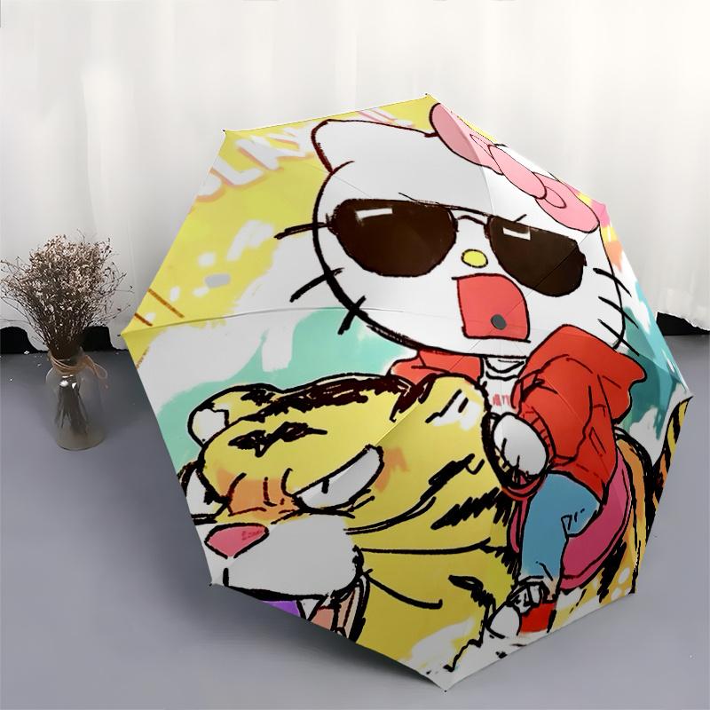 1pc Hello Kitty & Tiger Automatic Folding Umbrella - Portable 3-Fold Design with Iron Frame, Perfect for Outdoor Use, Festive Gifts, Travel, Daily Use