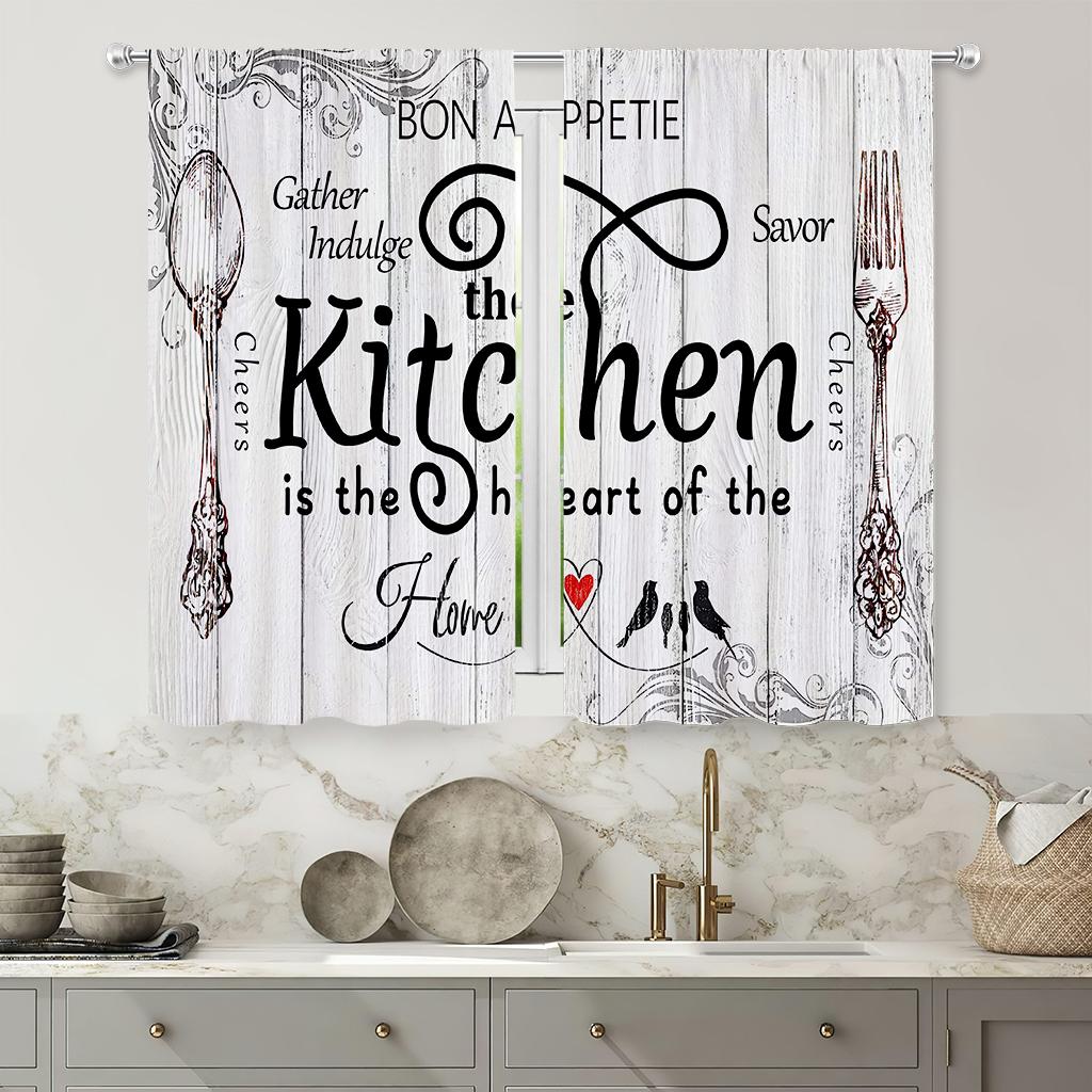 Retro Creative Print Curtain Kitchen Dining Room Living Decoration Curtains Set Of 2 Made Polyester With Rod Pocket Decor