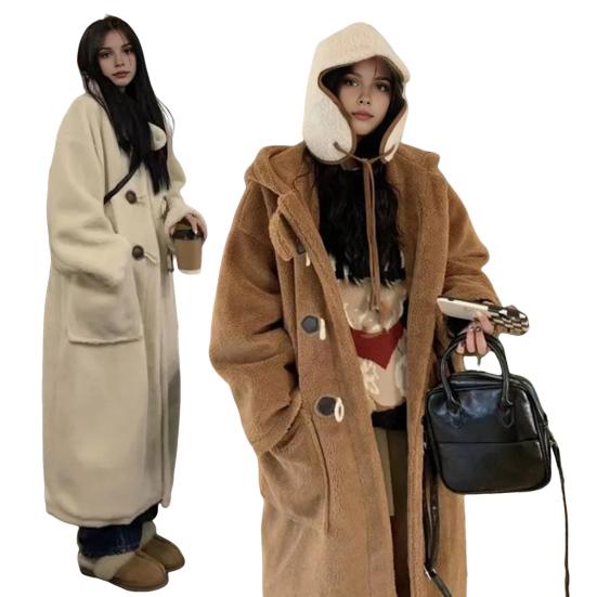 Женское зимнее пальто с капюшоном из плотного флиса, однотонное, с застежкой на роговые пуговицы, длинные рукава