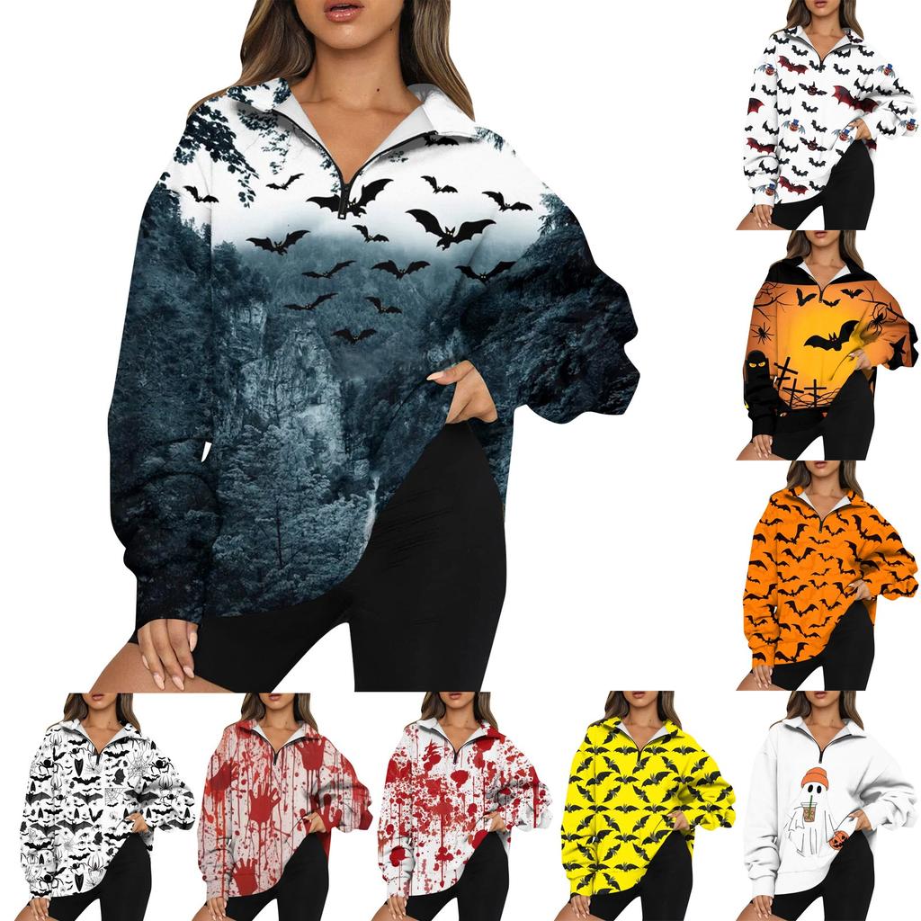 Women's Fashion Casual Long Sleeve Halloween Printed Zipper Turtleneck Drop Shoulder Sweatshirt Top