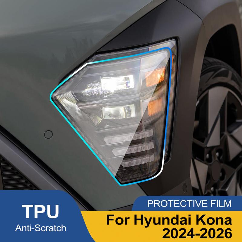 Защитная пленка TPU PPF для Hyundai Kona 2024-2026, Высокий блеск, Дымчато-черная, Предустановленная, Защитная пленка для фар, Антицарапающая виниловая обертка
