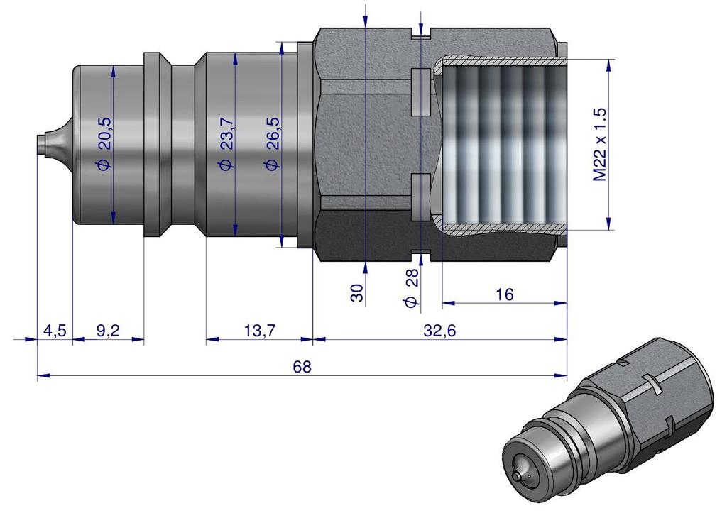 Szybkozłącze Hydrauliczne Wtyczka Z Eliminatorem Ciśnienia M22X1.5 Gwint Wew. Euro (Iso 7241-A) Waryński