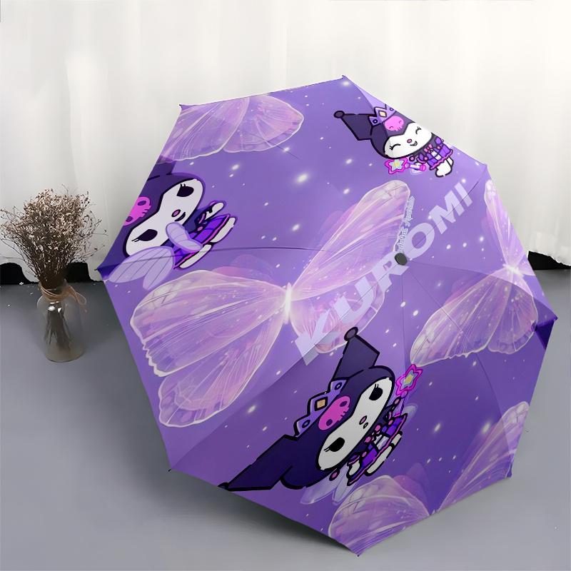 Kuromi,Fairy Automatic Folding Umbrella Simple 8 Rib Design, Bright Cartoon Pattern, Durable Iron Frame, Suitable For Travel, Outdoor, Beach