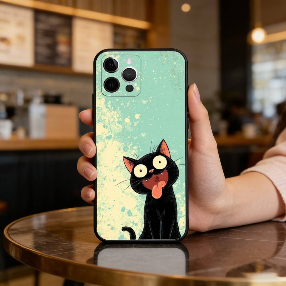 Мультяшный Чехол-Кот A-Art для Телефона iPhone 17,16,15,14,13,12,11 Plus,Pro Max, Мягкий Силиконовый Черный Чехол
