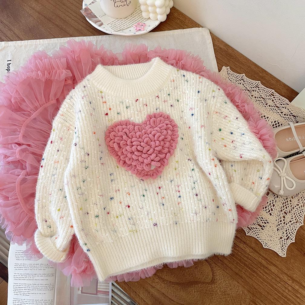 Пуловер вязаный в корейском стиле 2025 Зима для девочек, разноцветный с сердечками