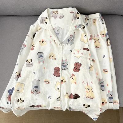 Корейский пижамный комплект с рисунком собаки из мультфильма, весенний пижамный комплект с отворотом и воротником для женщин, милая милая одежда для сна