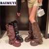 Женские высокие сапоги на платформе, челси, толстый каблук, короткие плюшевые зимние ботинки до середины голени, зимние трендовые кожаные ботинки на молнии в готическом стиле 2025 года