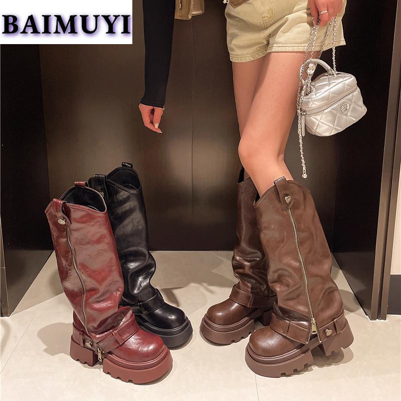 Женские высокие сапоги на платформе, челси, толстый каблук, короткие плюшевые зимние ботинки до середины голени, зимние трендовые кожаные ботинки на молнии в готическом стиле 2025 года