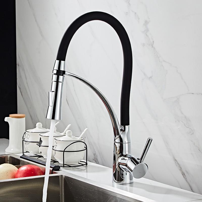 Black Sink Faucet Swivel Pull Down Kitchen Faucet Sink Tap Mounted Deck Bathroom Mounted Silicone Bending Hot and Cold Mixer