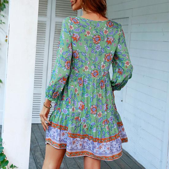 Женское платье Yousheng с цветочным принтом в стиле бохо, повседневное, с длинным рукавом, струящееся, короткое, свободное, с V-образным вырезом, на пуговицах, платье А-силуэта, мини-пляжное платье-сарафан