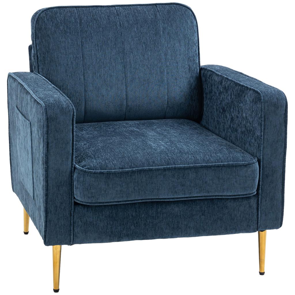 Fabric Armchair with Golden Steel Legs, Great Comfort, Side Pockets, for Living Room, Office, Bedroom, Blue