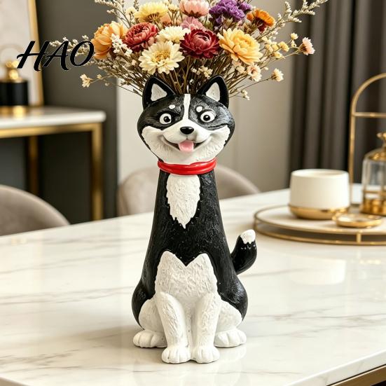 Unique Artistic Sculpture for Office Creative Long Neck Dog Vase Dry Flowers, Cute Cartoon Animal Flower Holder Small Dried Floral Arrangement