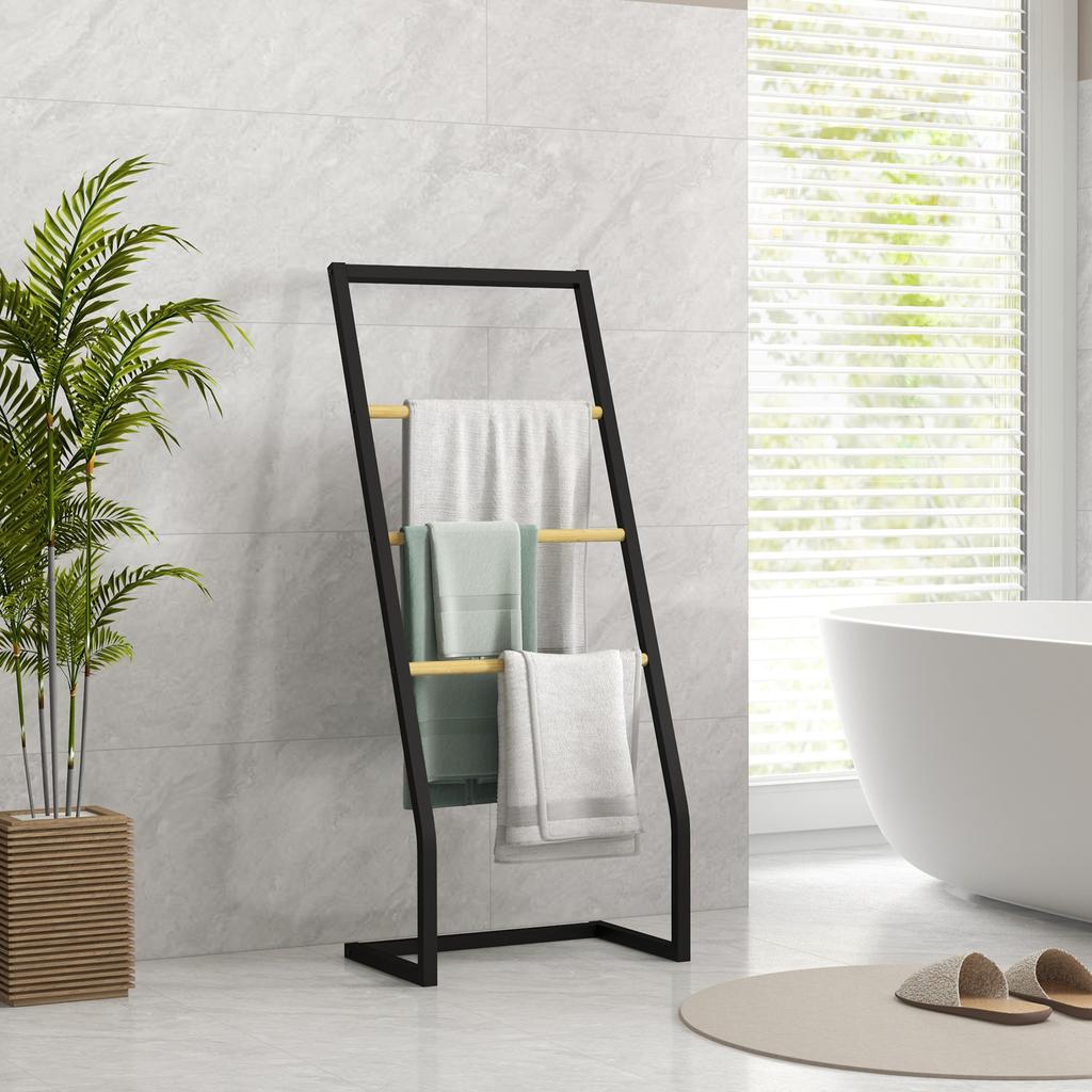 Bamboo And Steel Freestanding Towel Rack With 4 Bars Support 40.5L X 28W X 98H Cm Black And Natural