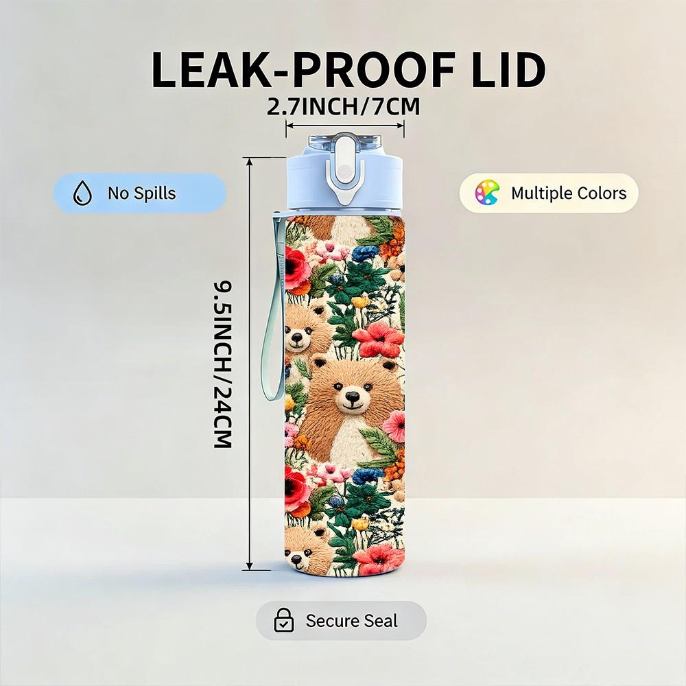 1PC Bear Floral Mix Print 750ml Color Plastic Sports Water Bottle Leakproof Flip Straw Lid Suitable for Sports Office Home Use