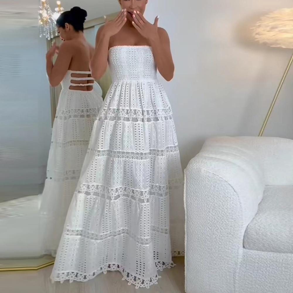 Hollow Out Dresses For Women Strapless Sleeveless High Waist Embroidery A Line Solid Backless Dress Female Fashion
