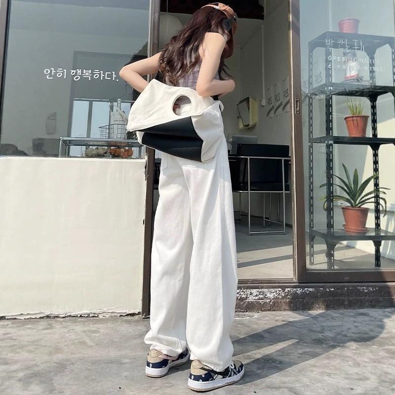 White High-Waisted Wide-Leg Denim Pants Women Loose Fit Flowy Straight Trousers