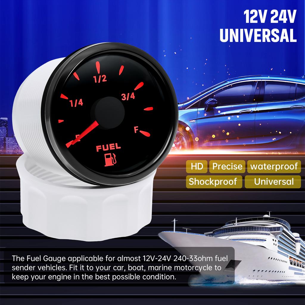 7-color Backlight 12V 24V Universal Waterproof 52mm Fuel Level Gauge 0-190ohm 240-33ohm Fuel Level Meter For Marine Boat Car