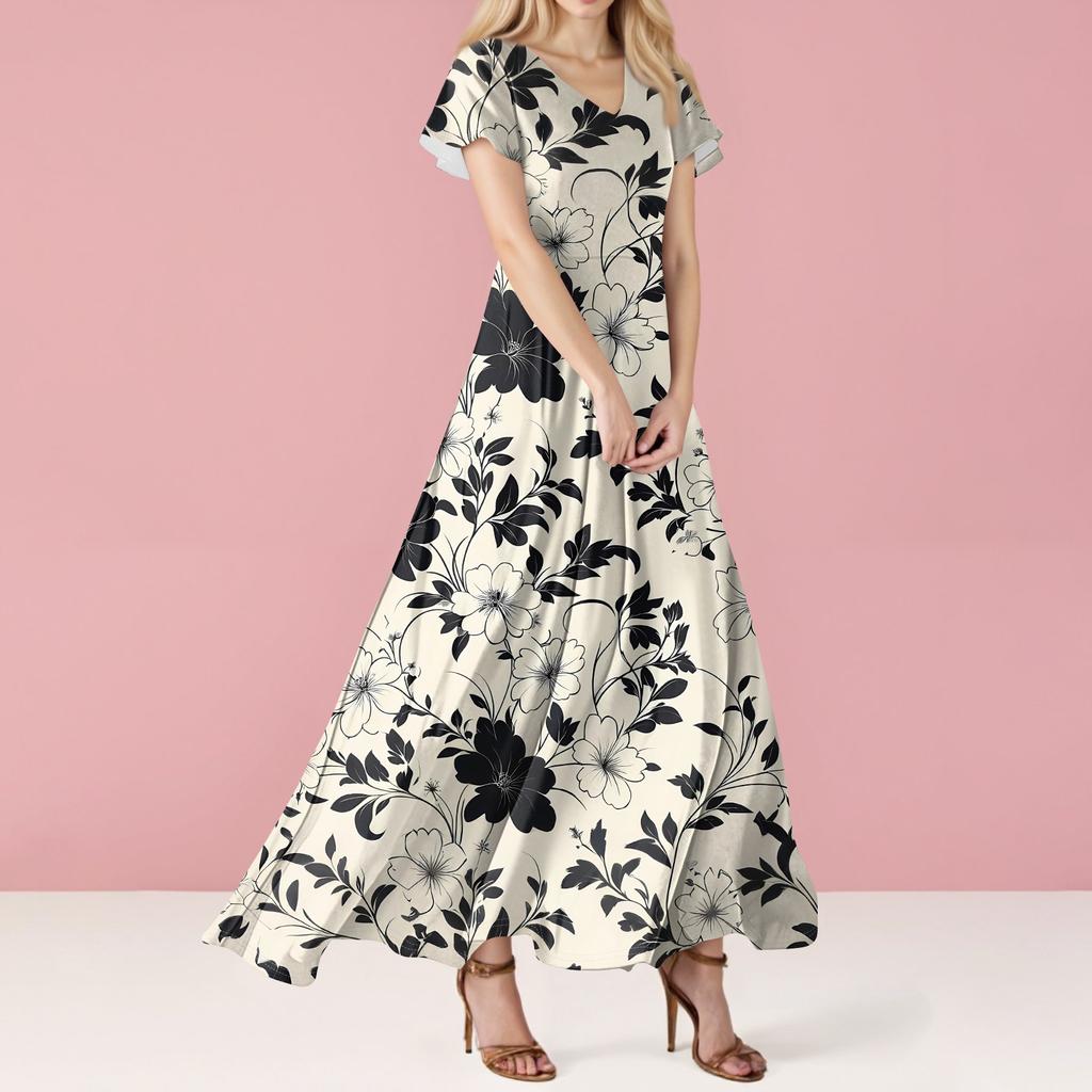 Women's Casual Fashion Print Long Dresses V-Neck Short Sleeve Dresses