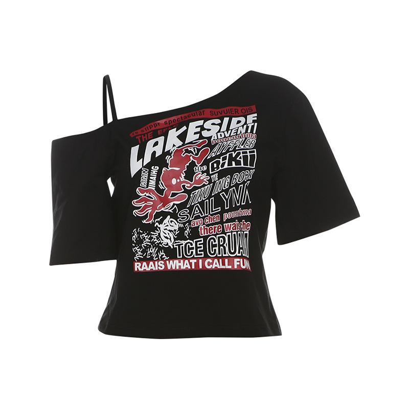 Готическая футболка Y2k Letter Print Off Shoulder Punk Футболки женские Harajuku Летняя уличная одежда Гранж Футболка Эстетичные сексуальные укороченные топы
