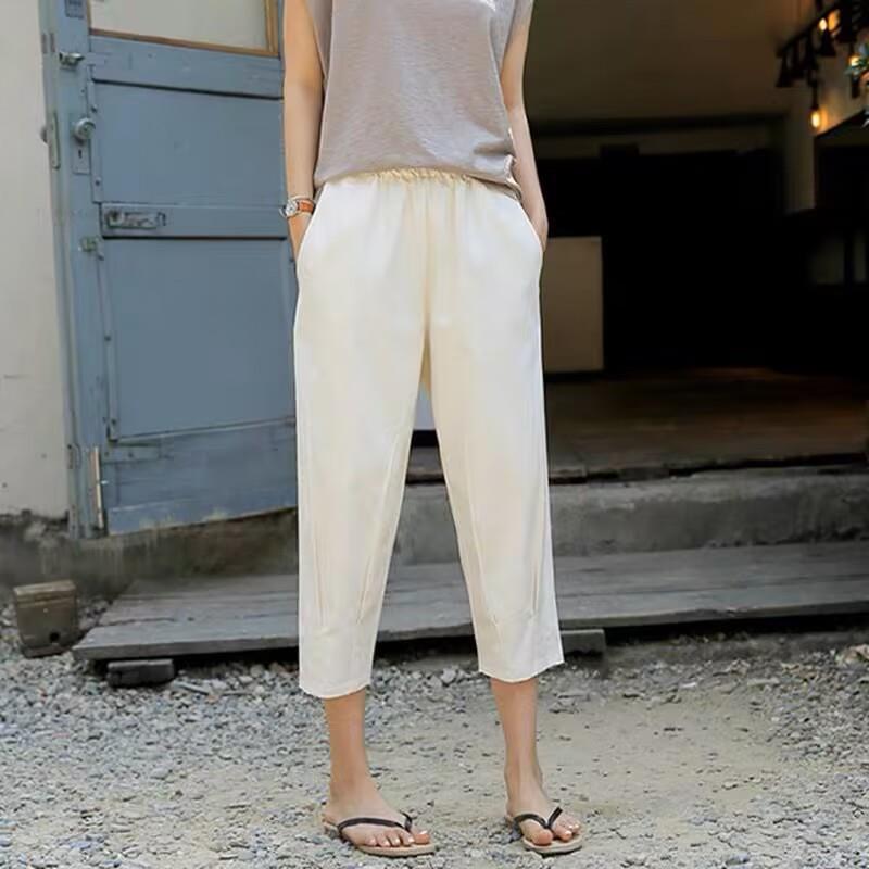 Эластичная талия, свободные брюки гаремы, стройнящие - Большой размер, повседневные укороченные хлопково-льняные брюки для женщин, 2023 весна/лето, универсальный художественный дизайн