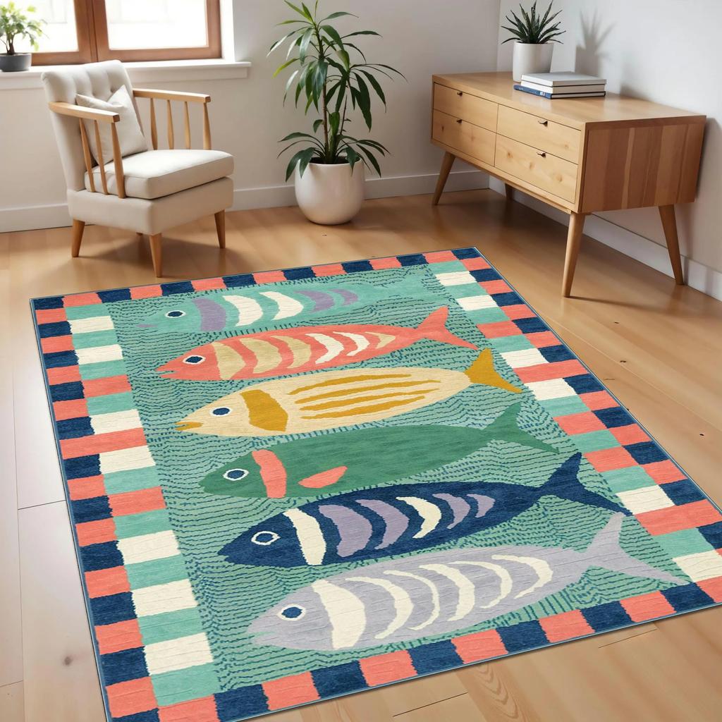 Ковер на рыбную тематику, красочный дизайн океана, нескользящий, мягкий и прочный, идеально подходит для гостиной, детской комнаты или декора пляжного дома, напольный коврик