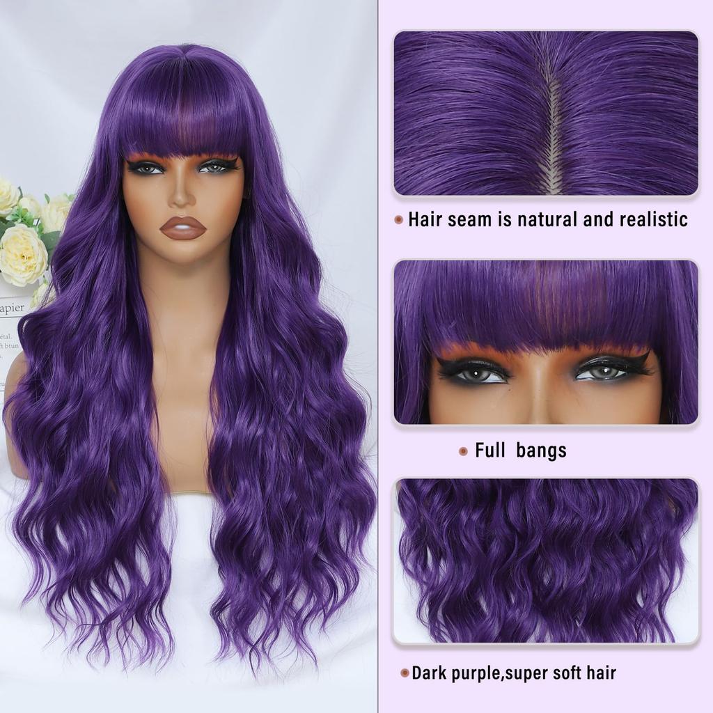 New purple synthetic wig with big waves for party, Halloween cosplay, everyday use, high-temperature hair accessory