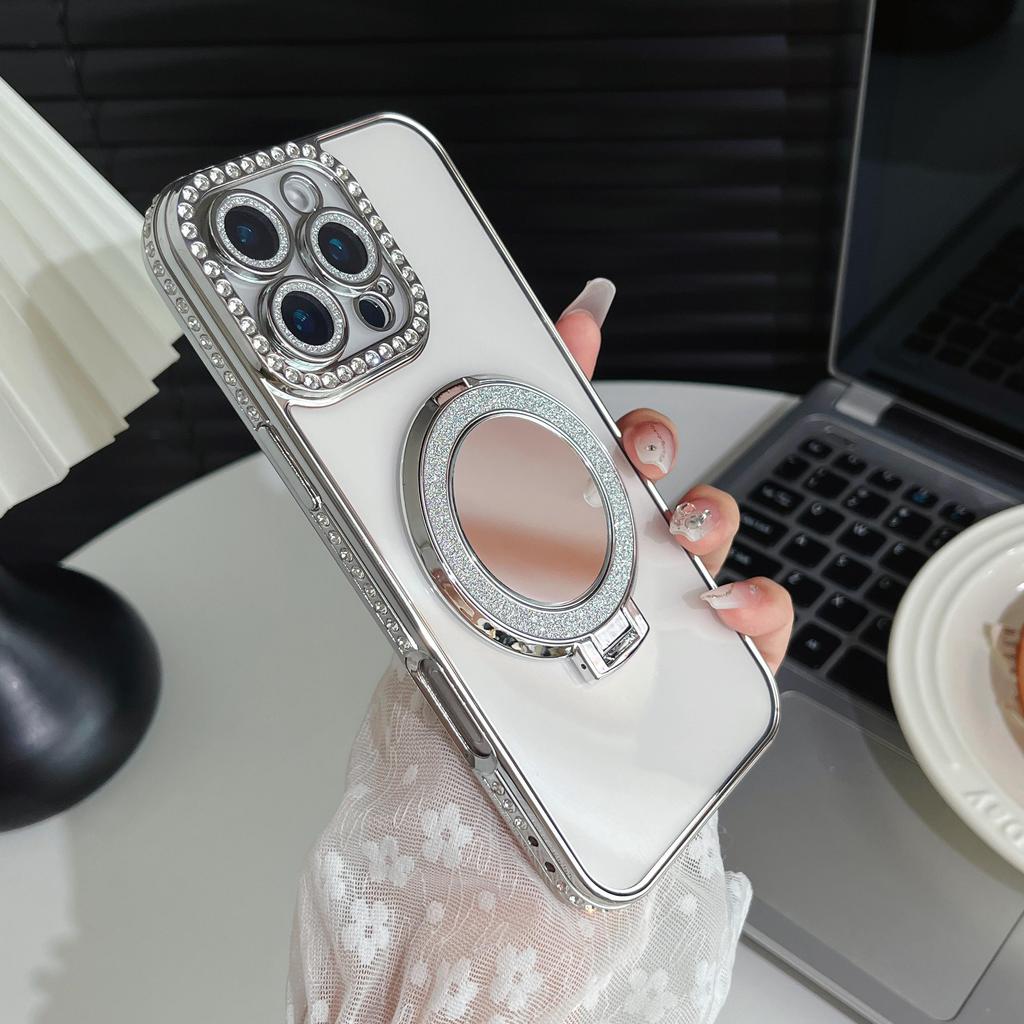 Милый девчачий чехол-бампер с блестками и бриллиантами для макияжа, с защитой для камеры и подставкой для iPhone 17 16 Pro Max Samsung S25 S24