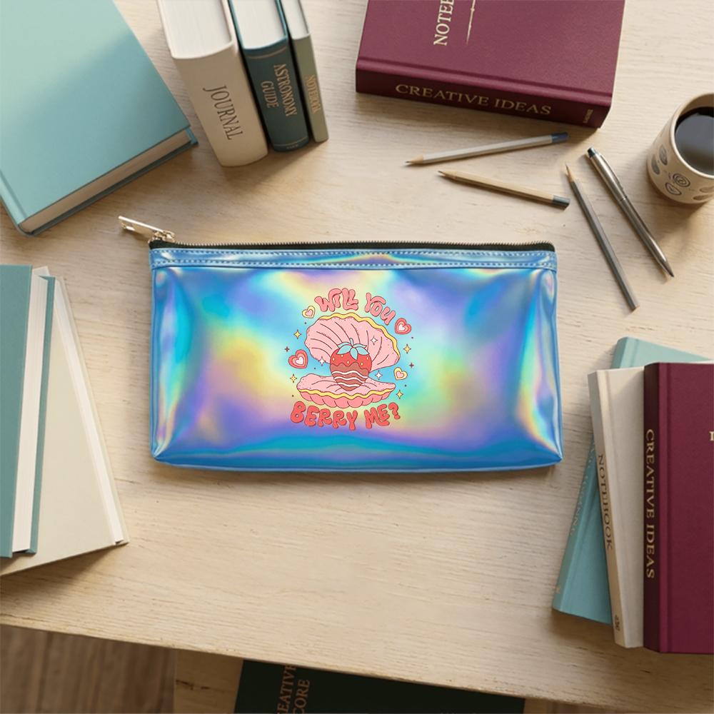 Retro Strawberry Pearl Shell Pattern Laser Cosmetic Makeup Bag, Holographic Travel Toiletry Pouch with Aesthetic Print for Girls Women Holiday Gift