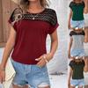 Ladies Summer Short Sleeve O Neck Lace Splice Solid Color Jacquard Pullover Hollow T Shirt Top