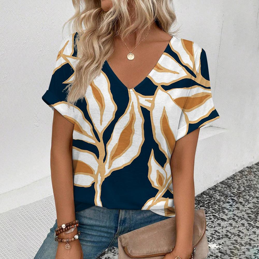 Elegant Women's V-Neck T-Shirt Fashion Floral Pattern Print T-Shirt Popular Women's Short Sleeve T-Shirt Summer Leisure T-Shirt