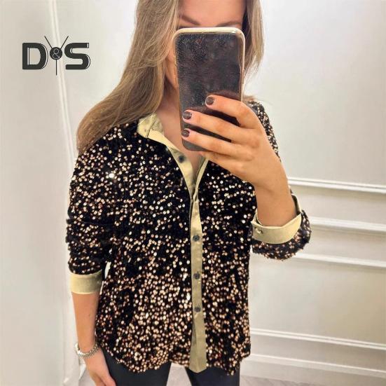 Women Sparkling Shirt Lapel Long Sleeve Single Breasted Shirt Tops Shiny Sequins Embellished Party Stage Blouse