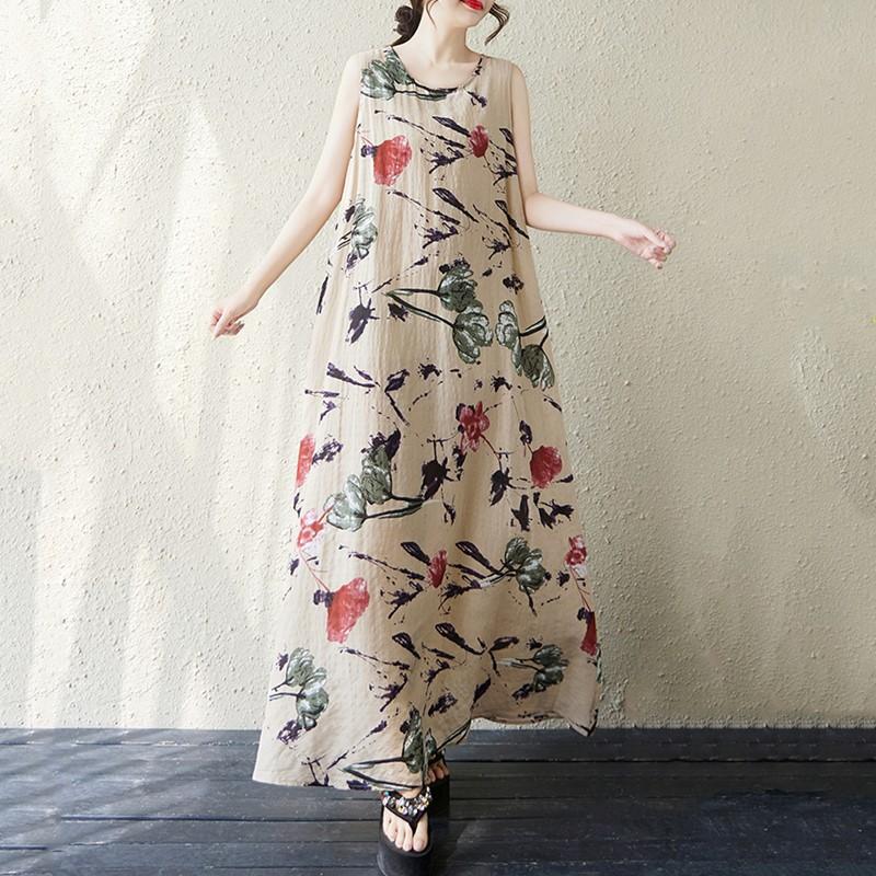 Новое хлопковое винтажное платье с цветочным принтом без рукавов больших размеров для женщин, повседневное свободное длинное летнее платье