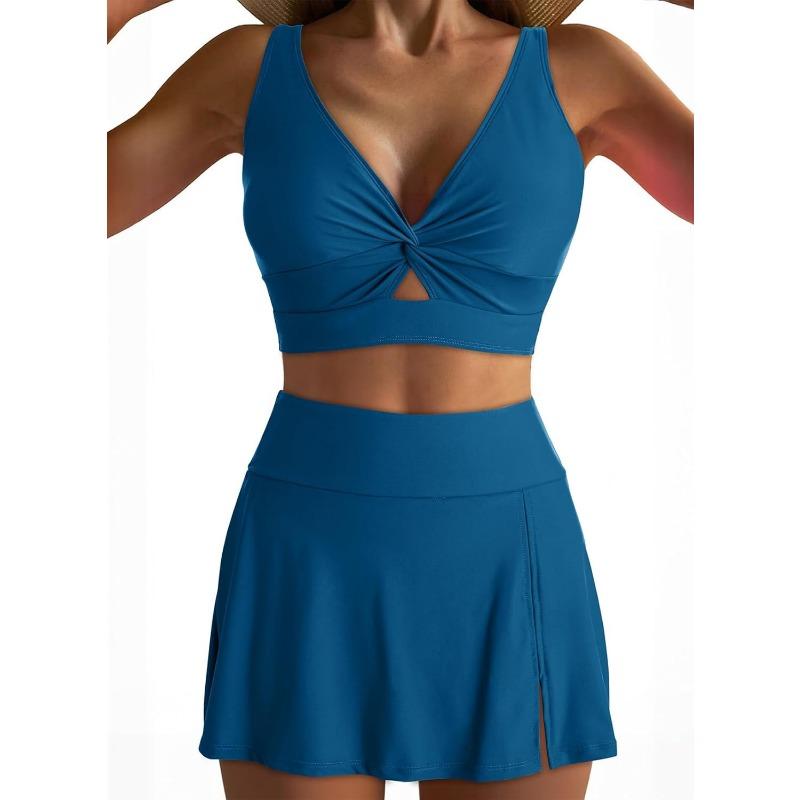 New Solid Color Women's Split Swimsuit Deep V Hollow Top High Waist Culottes Women's 2-piece Swimming Set