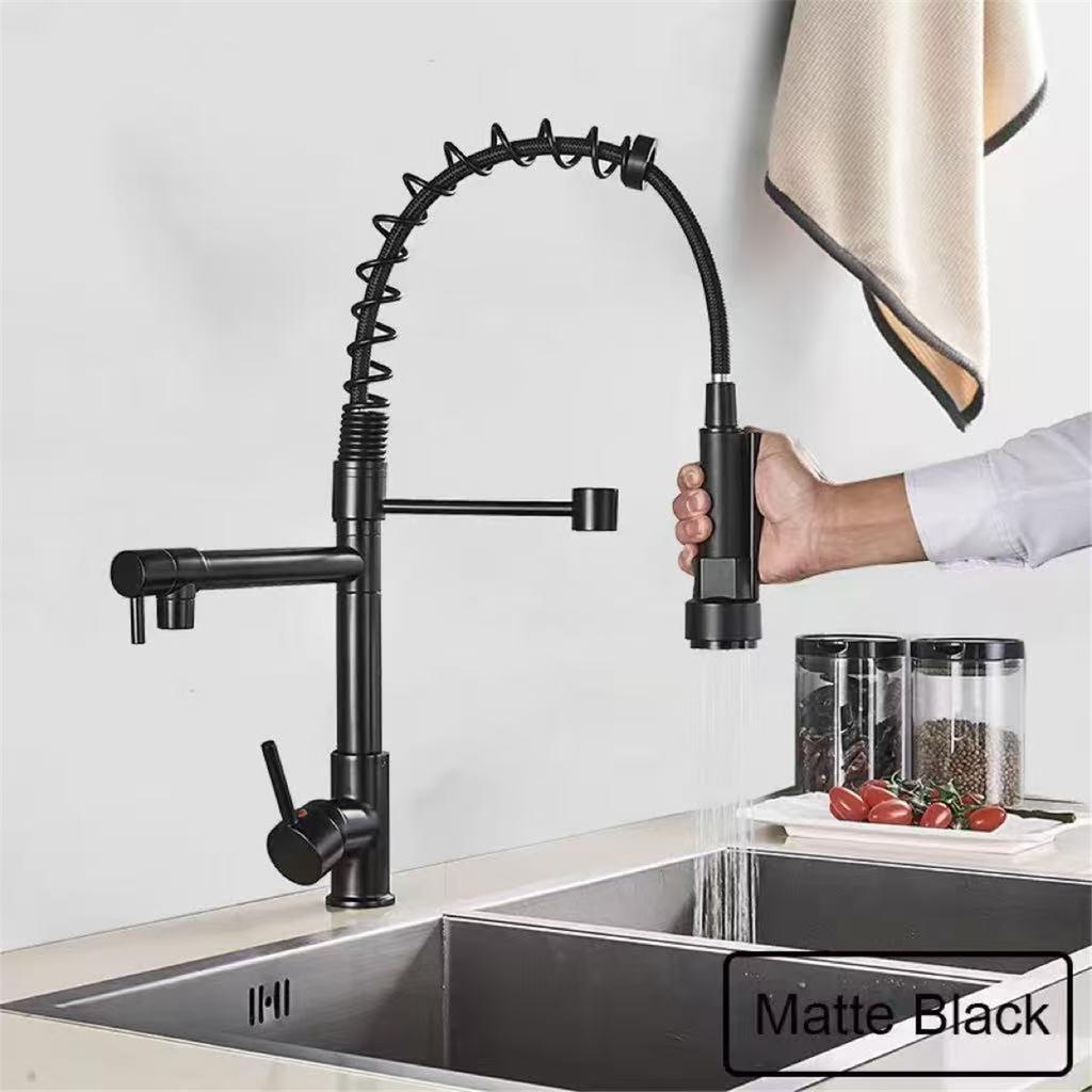 Black Pull Down Brass Kitchen Sink Faucet Hot Cold Water Mixer Crane Tap with Dual Spout 360 Rotation High Faucet Deck Mounted