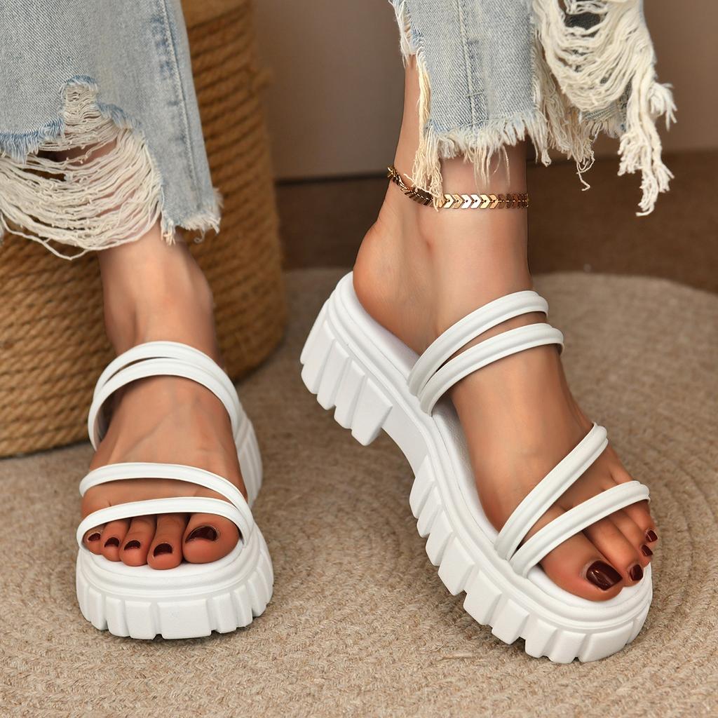 Fashion Plus Size Casual Shoes FashionThick Sole Solid Color Women's Sandals 2025 Summer Round Toe Open Back Strap Slip-On Wear Sandals