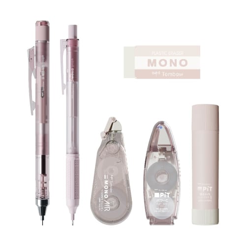 Tombow Pencil MONO X PiT Stationery Set Pastel Glass Pink 6 Piece Set (Mechanical Pencil 0.5mm X 2 Eraser Glue Stick Correction Tape Glue Tape) PCC-64